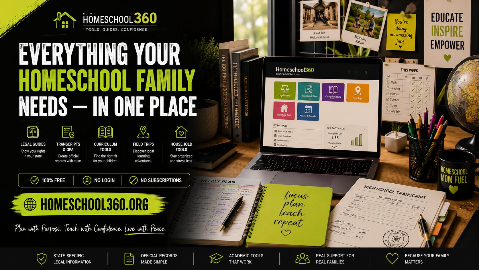 Homeschool360 — Everything Your Homeschool Family Needs, In One Place. Legal guides, transcripts and GPA, curriculum tools, field trips, and household tools. 100% free, no login, no subscriptions.