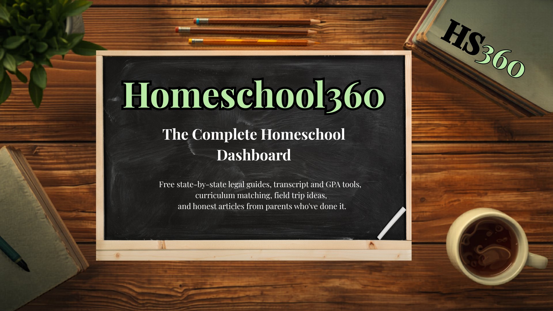 Homeschool360 — The Complete Homeschool Dashboard. Free state-by-state legal guides, transcript and GPA tools, curriculum matching, field trip ideas, and honest articles from parents who've done it.